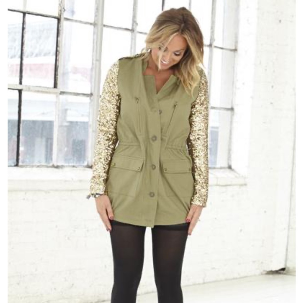 Faubourg Du Temple Olive Sequin Military Jacket View 3